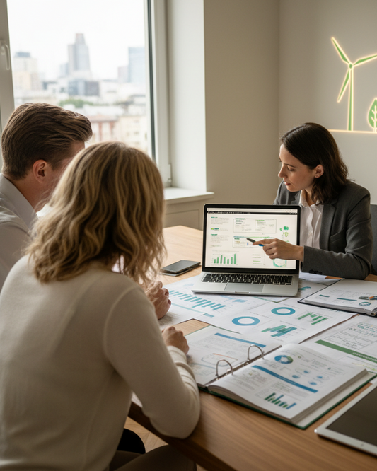 die Personen sollen Europäisch aussehen (ein Berater und ein Mann und eine Frau)