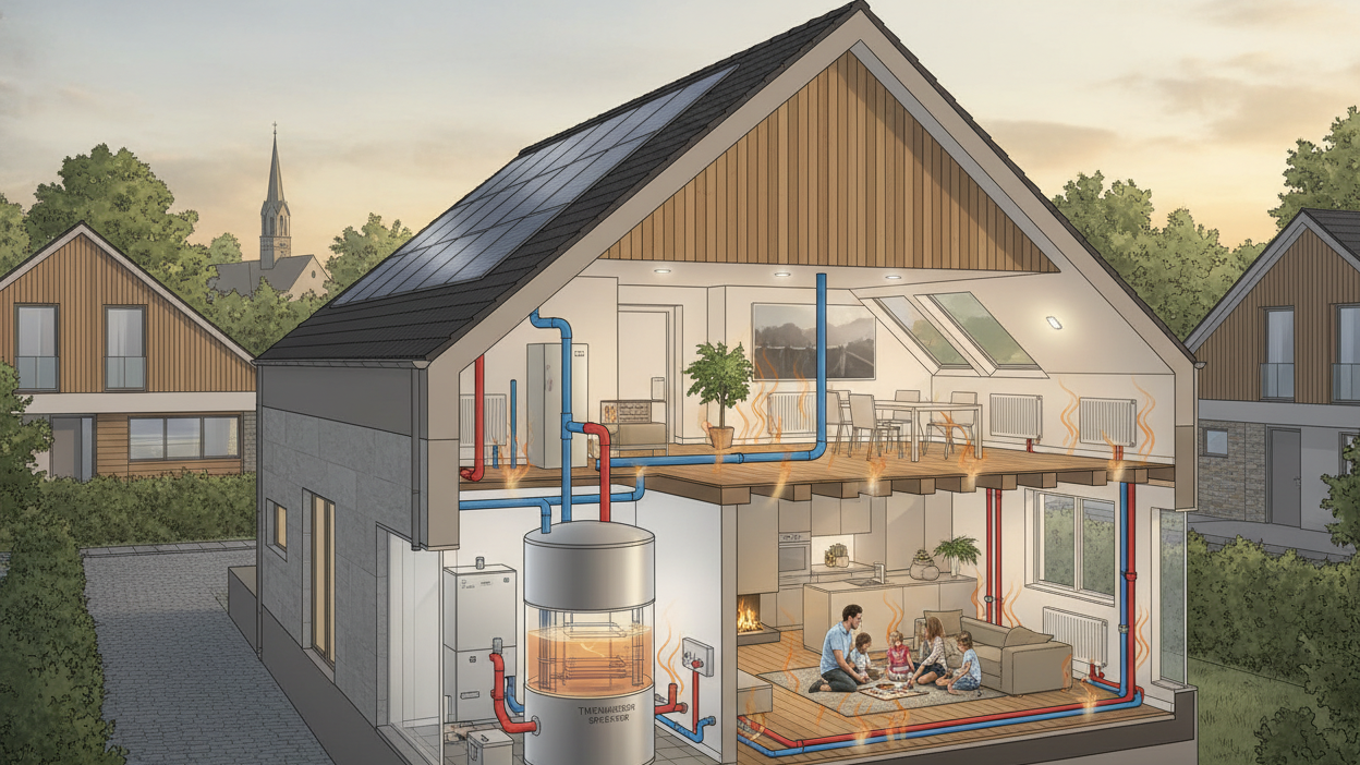 erstelle ein Stimmungsbild zu Thema Wärmespeicher bei einem Haus 