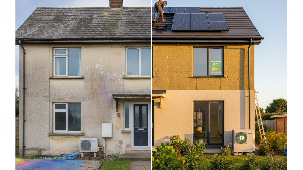 erstelle ein Stimmungsbild zum Thema Energetische Sanierung von Häusern 