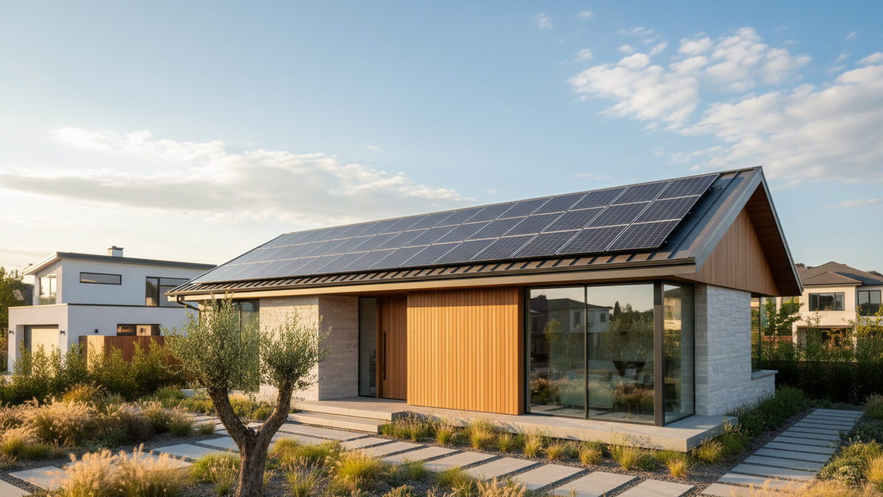 erstelle mir ein Stimmungsbild von Solarpanelen auf einem Modernen Einfamilienhaus 