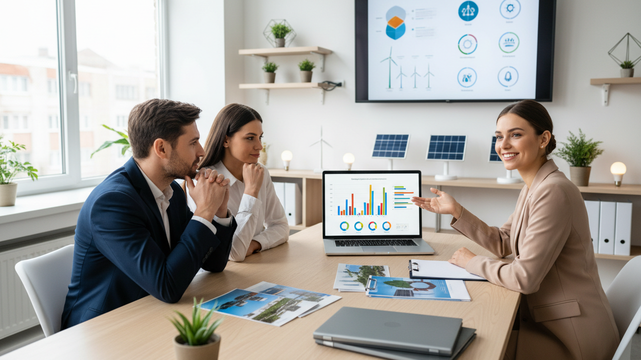 ändere die Szene so ab das ein Paar von einer Frau beraten werden 